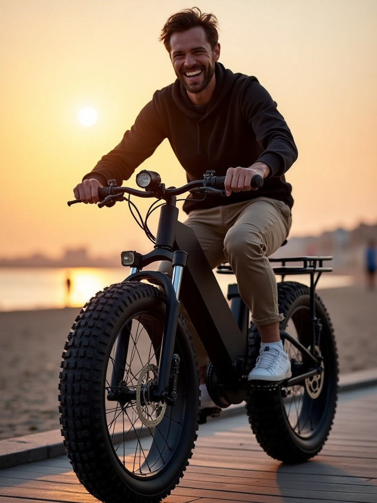 Rider cruising a beach boardwalk at sunset
