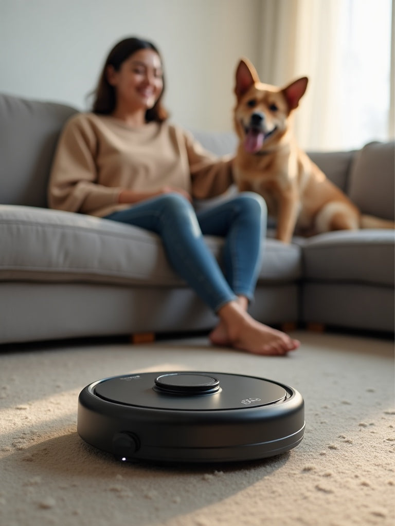 Pet owner relaxing while the robot vacuum cleans