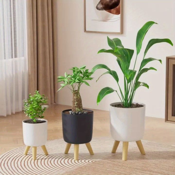 Modern Round Planter with Wooden Legs | Indoor & Outdoor Decorative Plant Pot