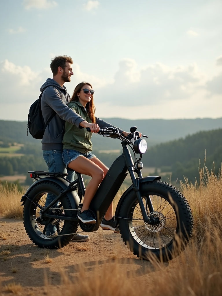 Couple exploring the countryside on e-bikes