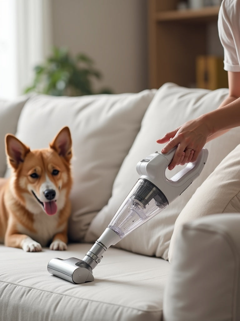 Pet owner cleaning the sofa